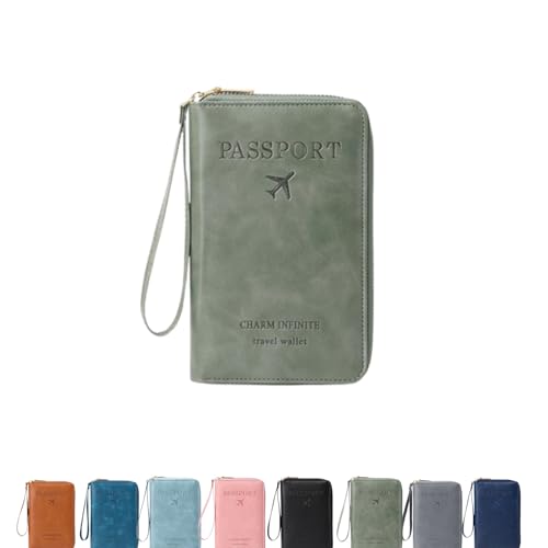 QKCQQTS Multifunktionale RFID-Reisepasshülle, multifunktionale Reisebrieftasche mit Reißverschluss, Diebstahlschutz für Damen und Herren (Green) von QKCQQTS