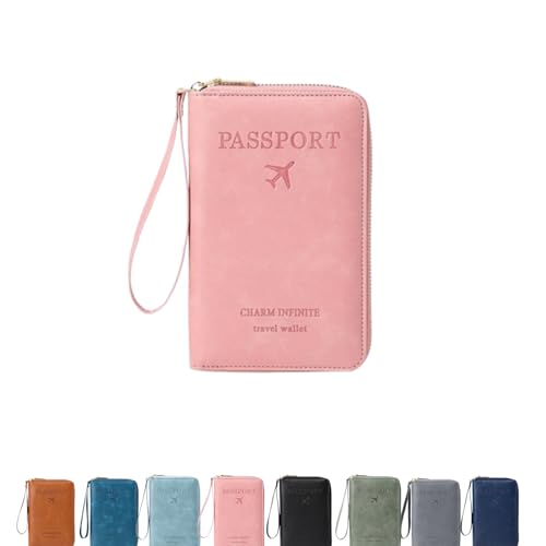 QKCQQTS Multifunktionale RFID-Reisepasshülle, multifunktionale Reisebrieftasche mit Reißverschluss, Diebstahlschutz für Damen und Herren (Pink) von QKCQQTS
