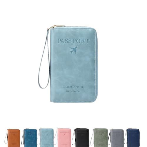 QKCQQTS Multifunktionale RFID-Reisepasshülle, multifunktionale Reisebrieftasche mit Reißverschluss, Diebstahlschutz für Damen und Herren (Sky Blue) von QKCQQTS