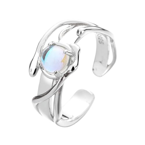 QKCQQTS Verstellbarer offener Damenring mit unregelmäßigem Muster, 925er Silber, offener Ring mit blauem Mondstein, elegantes Schmuckgeschenk für Frauen (Silver) von QKCQQTS