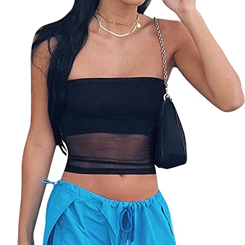 Damen Tank Tops Ärmellose Crop Top Sommer Trägerlos Oberteile Weste Vest T-Shirt Sexy Corset Top Basic Slim Fit Mesh Bluse Elegant Shirts Schwarz von QKEPCY