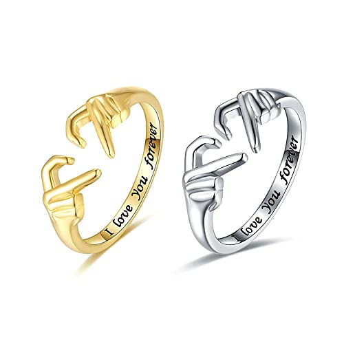 QKEPCY 2 STÜCK 925 Sterling Silber Umarmungsringe für Frauen Herz Ring I Love You Forever Love You Mutter Geschenk Paar Schwester Geschenke Gravierte Worte Umarmung Hände Offener Ring von QKEPCY