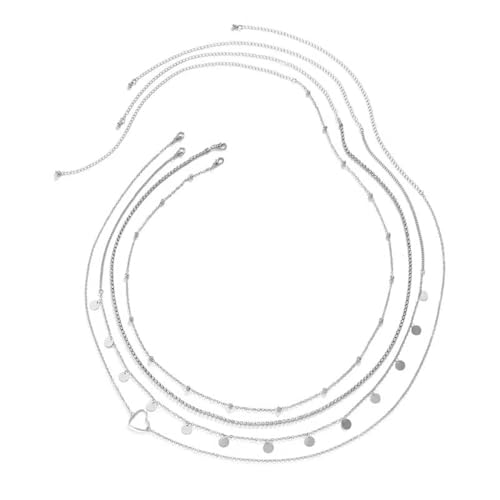 QKEPCY 4 Stück Bauchkette, Körperketten Verstellbar Bauchkette Set Strand Taille Schmuck Zubehör für Frauen Mädchen (Silber) von QKEPCY