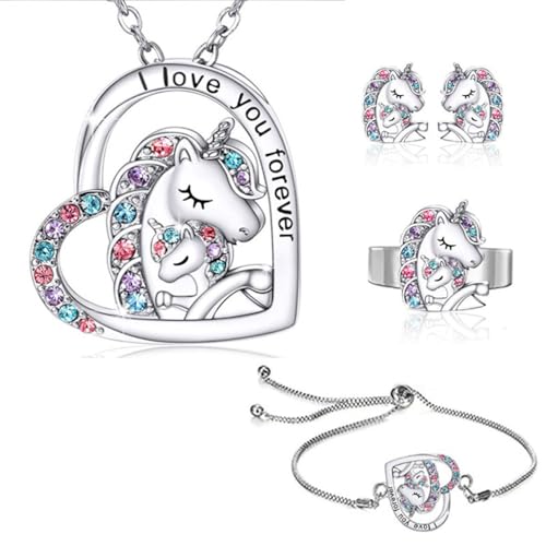 QKEPCY Einhorn Schmuckset Herz Halskette Ohrringe Armband Ring Kristall Schmuck Mädchen Kinder Prinzessin Accessoires von QKEPCY