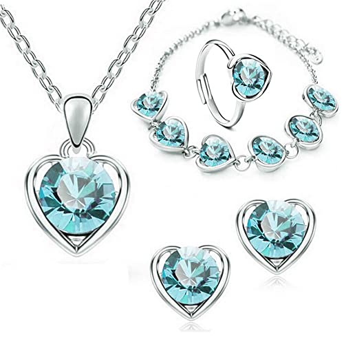 QKEPCY 4 Stück Heart Schmuckset Pendant Necklace Earrings Halskette and Rings Set Hochzeitsschmuck-Sets für Dammen Schmuckset Geschenke für Frauen Jahrestag Geburtstag (Blau) von QKEPCY