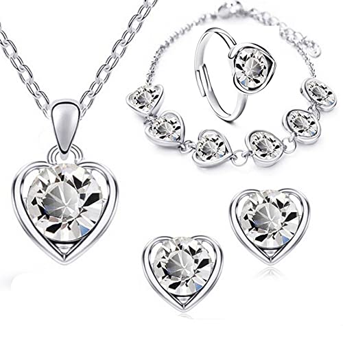 QKEPCY 4 Stück Heart Schmuckset Pendant Necklace Earrings Halskette and Rings Set Hochzeitsschmuck-Sets für Dammen Schmuckset Geschenke für Frauen Jahrestag Geburtstag (Weiß) von QKEPCY