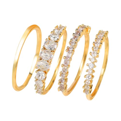 QKEPCY 4 Stück Zirkonia Ringe Set Stapelbar Goldton Schmuck Damenringe Kristall Schmuckset Elegant Minimalistisch Hochwertig von QKEPCY