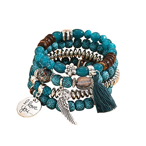 QKEPCY 4pcs Armband-Set mit Quasten Wickelarmband mit Naturstein Perlen Boho Mehrschichtiges Damen Armbänder Marmor-Armband mit Herz Perlen-Handkette verstellbar für Damen und Mädchen (Grün) von QKEPCY