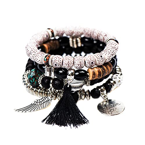 QKEPCY 4pcs Armband-Set mit Quasten Wickelarmband mit Naturstein Perlen Boho Mehrschichtiges Damen Armbänder Marmor-Armband mit Herz Perlen-Handkette verstellbar (Schwarz) von QKEPCY