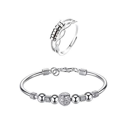 QKEPCY Anxiety Ring 925 Sterling Silber Angst Spinning Armbänder Fidget Ringe mit Perlen Band Ring Zappelringe für Dünne Stapelbare Ringe Anti Stress Ring für Damen Herren Tochter (Type A) von QKEPCY