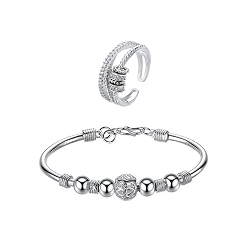 QKEPCY Anxiety Ring 925 Sterling Silber Angst Spinning Armbänder Fidget Ringe mit Perlen Band Ring Zappelringe für Dünne Stapelbare Ringe Anti Stress Ring für Damen Herren Tochter (Type C) von QKEPCY