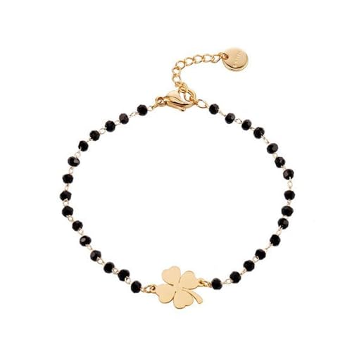 QKEPCY Vierblättriges Kleeblatt Armband Damen Vergoldetes Armband Mit Schwarzen Perlen Glücksarmband Verstellbares Armband Für Frauen Elegantes Schmuckstück von QKEPCY
