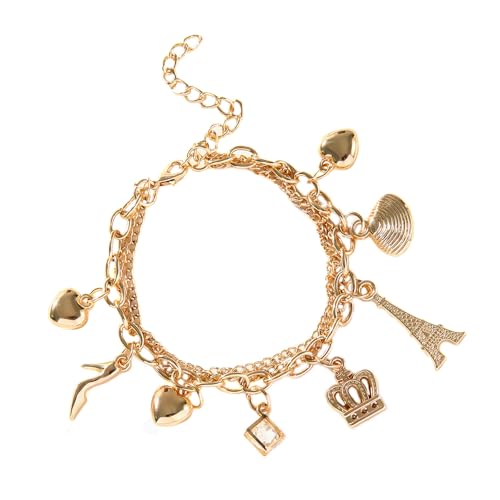 QKEPCY Armband Gold für Damen Mädchen Muschel Armband mit Krone Eisenturm Herz Schuhe mit Hohem Absatz Anhänger Boho Sommer Strand Schmuck von QKEPCY