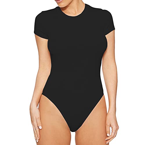 QKEPCY Body Damen Kurzarm Bodysuit Rundhals Slim Fit Bodys Elegant Basic Oberteil Shapewear Tanga Unterziehbody Kurzarmbody für Alltag Büro Party von QKEPCY