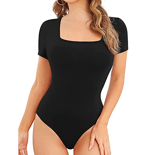 QKEPCY Body Damen Kurzarm Sexy Eckiger Ausschnitt Bodysuit Tops Elegant Damenbody Oberteil Bluse Tops Stringbody für Frauen (Schwarz, M) von QKEPCY