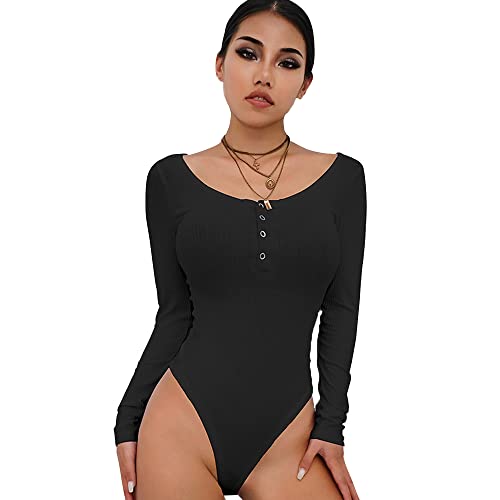 QKEPCY Body Damen Langarm Rundhals mit Knöpfen Bodysuit Tops Elegant Rippenstrick Slim Oberteil Overall Damenbody Bodies Stringbody (Schwarz, Größe 1) von QKEPCY