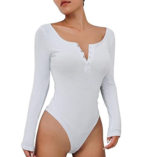 QKEPCY Body Damen Langarm Rundhals mit Knöpfen Bodysuit Tops Elegant Rippenstrick Slim Oberteil Overall Damenbody Bodies Stringbody (Weiß, Größe 1) von QKEPCY