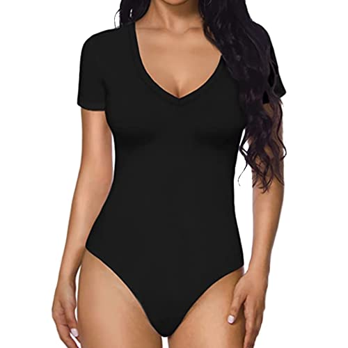 QKEPCY Body Damen Sexy V-Ausschnitt Bodysuit Bodys Kurzarm Sexy Bluse Tops Damenbody Elegant Sommer Stringbody Oberteil Overall Unterziehbody für Frauen (Schwarz, L) von QKEPCY