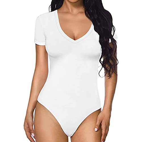 QKEPCY Body Damen Sexy V-Ausschnitt Bodysuit Bodys Kurzarm Sexy Bluse Tops Damenbody Elegant Sommer Stringbody Oberteil Overall Unterziehbody für Frauen (Weiß, M) von QKEPCY