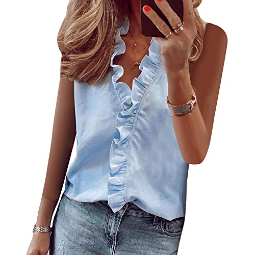 QKEPCY Chiffon Tank Tops für Damen Sommer Elegante Ärmellose V Ausschnitt Rüschen Bluse Lose Einfarbig Shirt Tunika Tops Klassischer Schnitt (Blau L) von QKEPCY