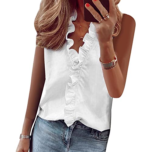 QKEPCY Chiffon Tank Tops für Damen Sommer Elegante Ärmellose V Ausschnitt Rüschen Bluse Lose Einfarbig Shirt Tunika Tops Klassischer Schnitt (Weiß XL) von QKEPCY