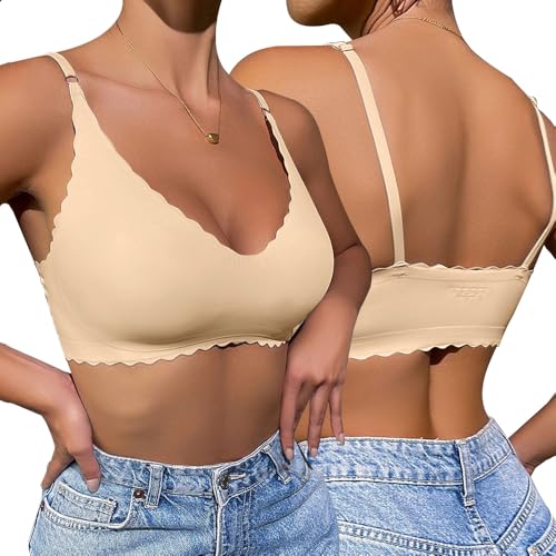 QKEPCY Damen BH Ohne Bügel Spitzen Weicher Damen Push-Up BH Gepolstert Wellenförmiges DesignAtmungsaktiv und BequemWeich und NahtlosKlassischer BH V-Ausschnitt Bra von QKEPCY