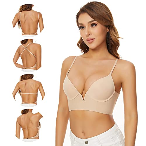 QKEPCY Damen BH mit Tiefem Rücken für Frauen Nahtlose Bügel-BHS in U-Form Unsichtbar Rückenfrei mit Mehreren Wandelbaren Trägern Unsichtbar Nackter Rücken BH Elegant (36/80AB) von QKEPCY