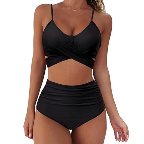 QKEPCY Bikini Damen Set Wrap Front Highwaist Zweiteilig Bikiniset Triangle Badeanzug Push up Badebekleidung Gekreuzt Träger Swimwear Tankini Bademode Strandmode von QKEPCY
