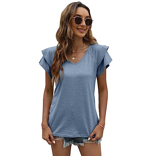 QKEPCY Shirts Damen Sommer Vausschnitt Tshirt Rüschenärmel Basic T Shirt Kurzarm Oberteil Casual Bluse Locker Raglan Shirts Elegant Alltag Freizeit Tops von QKEPCY