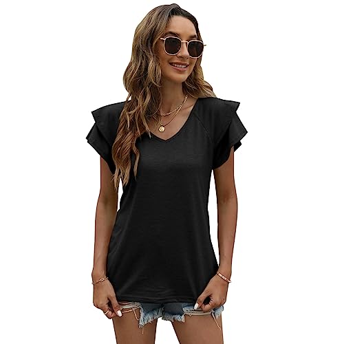 QKEPCY Damen Bluse V-Ausschnitt Elegant Kurzarm Tshirts Rüschen Kurze Ärmel Oberteile Casual Tops Lose Einfarbig Shirt Tunika Tops (Schwarz L) von QKEPCY