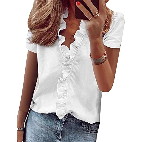 QKEPCY Damen Bluse V-Ausschnitt Elegant Rüschen Kurze Ärmel Oberteile Casual Tops Lose Chiffon Tunika Hemd Lose Einfarbig Shirt Tunika Tops Klassischer Schnitt (Weiß XXL) von QKEPCY