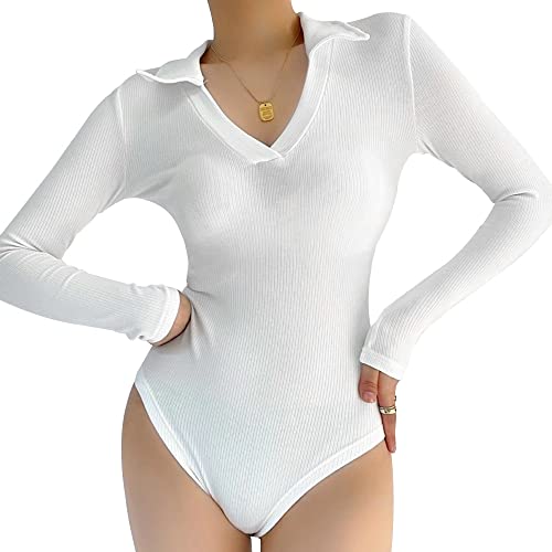 QKEPCY Damen Body Langarm V-Ausschnitt Bodysuit Sexy Damenbody Poloshirt Klassisch Slim Bodies Oberteil Schmal Bodysuits Tops Jumpsuit Unterziehbody für Frauen (Weiß, L) von QKEPCY