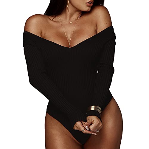 QKEPCY Damen Body Langarm V-Ausschnitt Sexy Body Elegant Bodysuit Tops Einfarbig Oberteil Wrap Bodies Langarmbody Blickdichter Classics Damen Top Jumpsuit (Schwarz, L) von QKEPCY