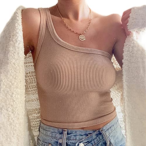 QKEPCY Damen Crop Tank Top One Shoulder Sexy Ärmellos Riemchen Open Back Cami Tank Tops Slim Fit Shirts Elegant Oberteile Ribbed Knit Cami Top Sexy Sommer Shirts Oberteile (Khaki S) von QKEPCY