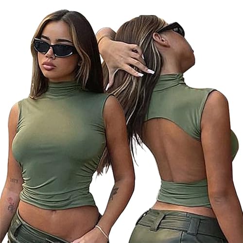 QKEPCY Damen Crop Tank Top Rückenfreies Sexy Oberteil Ärmelloses Y2K T-Shirt Hoher Kragen Sommer Crop Top Backless Streetwear Shirt (L, Grün) von QKEPCY