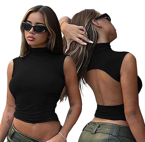 QKEPCY Damen Crop Tank Top Rückenfreies Sexy Oberteil Ärmelloses Y2K T-Shirt Hoher Kragen Sommer Crop Top Backless Streetwear Shirt (XL, Schwarz) von QKEPCY