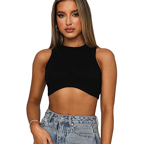 QKEPCY Damen Crop Tank Tops Ärmelloses Bauchfreies Oberteil Rib Top Leibchen Rundhals Sport Cropped T-Shirt Y2k Sommer Streetwear, M Schwarz von QKEPCY