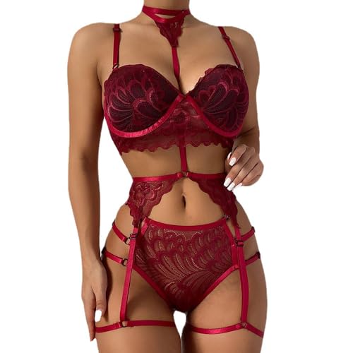 QKEPCY Damen Dessous Set Sexy Unterwäsche für Frau Strapsen Dessous Sexy Set für Damen mit Push up BH und Slip mit Choker mit Strapsen mit Beinbänder (Rot M) von QKEPCY