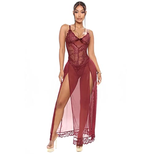 QKEPCY Damen Dessous Set Unterwäsche Frauen Flirty Lingerie Sexy Babydoll Dessous Spitze BH Kimono Spitzen Robe Volant V-Ausschnitt Transparent Morgenmantel Reizwäsche (Rot 2XL) von QKEPCY