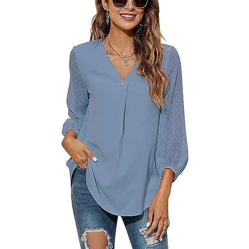 QKEPCY Damen Elegant Chiffon Bluse Swiss Dots Tops Langarm Oberteile V-Ausschnitt Loose fit Shirts Tunika Top Damen Sommer Herbst Blusenshirt Top(Blau L) von QKEPCY