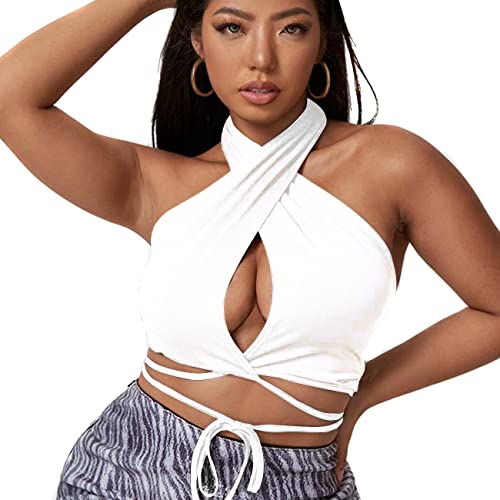 QKEPCY Damen Halter Top Damen Crisscross Neckholder Tank Tops Wrap Weste Cut Out Ärmellos Einfarbig Crop Tops Tank Top Verschiedene Tragemethoden (Weiß L) von QKEPCY