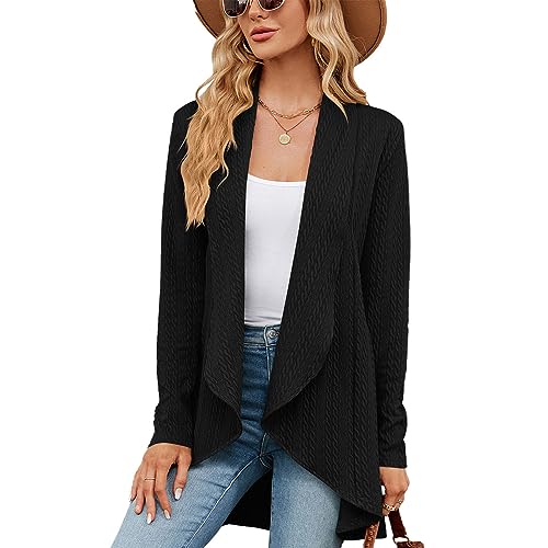 QKEPCY Damen Lange Ärmel Gestrickt Strickjacke Gemütlich Vorderseite Lange Freizeitjacke Damen Cardigan Langarm Strickjacke Herbst Winter Casual Strickcardigan (Schwarz S) von QKEPCY