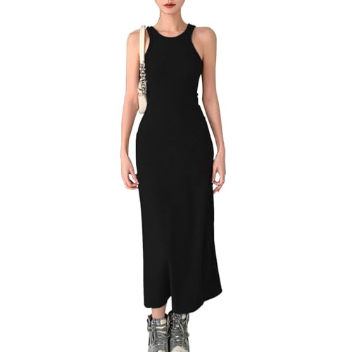 QKEPCY Ärmelloses Kleid Damen Sommerkleid Racerback Bodycon Maxikleid Elegant Stretch Kleider Cocktailkleid Knielang Partykleid Abendkleid Casual Baumwolle Summer Dress von QKEPCY