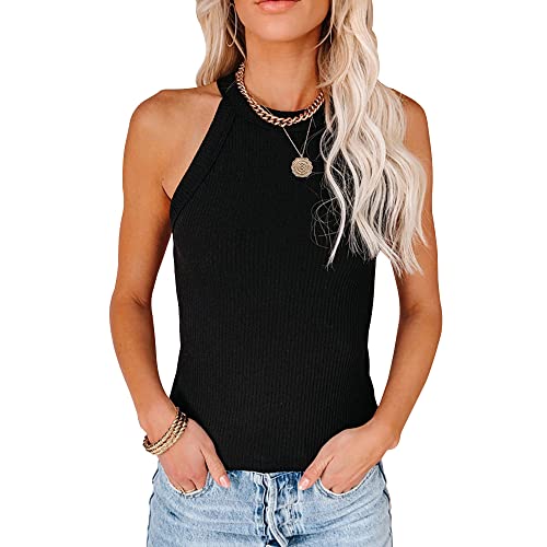 QKEPCY Damen Neckholder Ärmellose Tank Tops Racerback Rundhals Basic Slim Fit Shirts Elegant Oberteile Ribbed Knit Cami Top Sexy Elegant Neckholder Shirt (Schwarz M) von QKEPCY