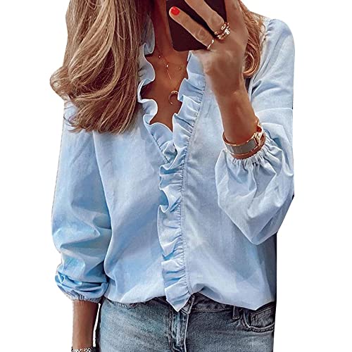 QKEPCY Damen Oberteile V Ausschnitt Damen Bluse Elegant Rüschen Laternenärmel Chiffon Bluse Lässige Elegant Lose Einfarbig Shirt Tunika Tops Klassischer Schnitt (Blau XL) von QKEPCY