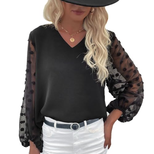 QKEPCY Damen Oberteile V Ausschnitt Langarm Chiffon Bluse Lässige Elegant Lose Einfarbig Shirt Tunika Top Damen Sommer Herbst Blusenshirt Top (XL) von QKEPCY