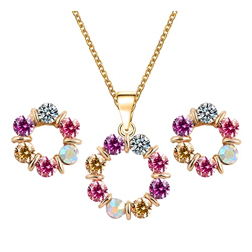 QKEPCY 3 Stück Damen Ohrstecker und Halskette Set, Farbe Kristall baumeln Tropfen Blütenform Ohrringe Halskette Längen-verstellbar Schmuckset Ideales Frauengeschenk für Frauen und Mädchen von QKEPCY
