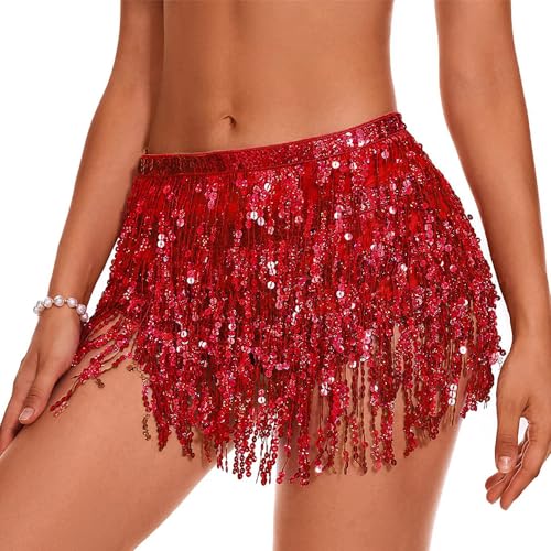 QKEPCY Damen Quasten Pailettenrock, Fransen Rock Glitzer, Bauchtanz Rock Pailletten, Bauchtanz Kostüm Mini Latein Metallic Rock Kurz Knielang Für Fasching Karneval Party Festival QKEPCY Damen Quasten Pailettenrock, Fransen Rock Glitzer, Bauchtanz Rock Pailletten, Bauchtanz Kostüm Mini Latein Metallic Rock Kurz Knielang Für Fasching Karneval Party Festival von QKEPCY