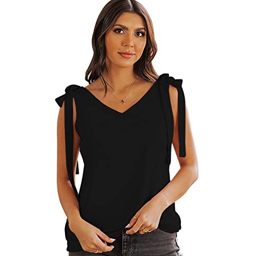 QKEPCY Damen Satin Tank Top Sommer Cami V-Ausschnitt äRmellose Camisole Blusentop Casual Tank Bluse Shirt Weste Shirts Hemd Oberteile (Schwarz L) von QKEPCY