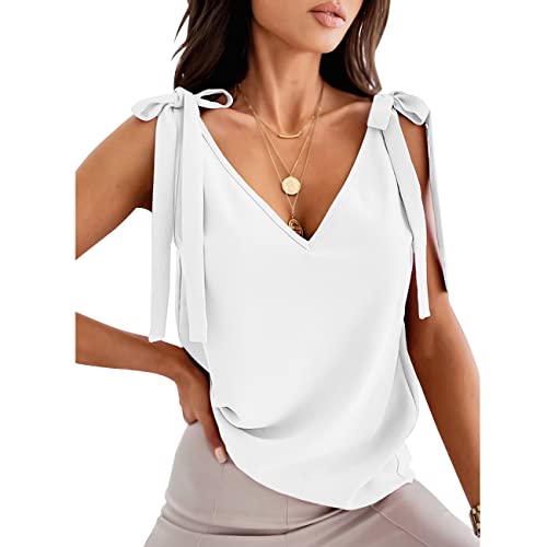 QKEPCY Damen Satin Tank Top Sommer Cami V-Ausschnitt äRmellose Camisole Blusentop Casual Tank Bluse Shirt Weste Shirts Hemd Oberteile (Weiß L) von QKEPCY